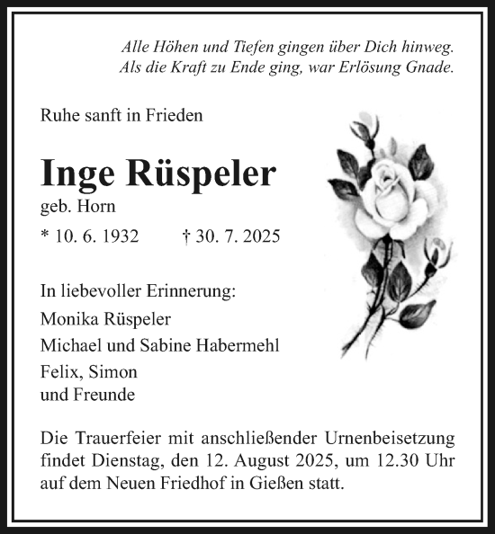 Traueranzeige von Inge Rüspeler von Giessener Allgemeine, Alsfelder Allgemeine, Giessener Anzeiger