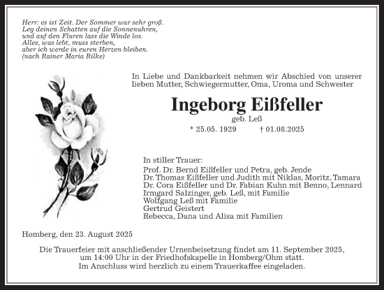 Traueranzeige von Ingeborg Eißfeller von Giessener Allgemeine, Alsfelder Allgemeine