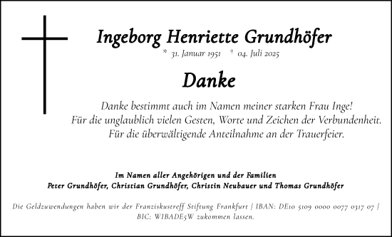Traueranzeige von Ingeborg Henriette Grundhöfer von Wetterauer Zeitung