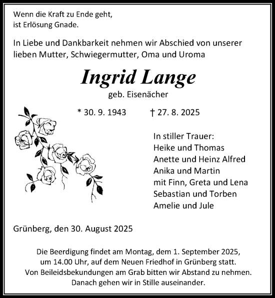 Traueranzeige von Ingrid Lange von Giessener Allgemeine, Alsfelder Allgemeine