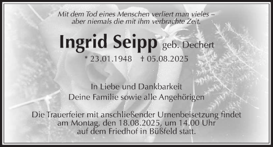 Traueranzeige von Ingrid Seipp von Alsfelder Allgemeine, Oberhessische Zeitung
