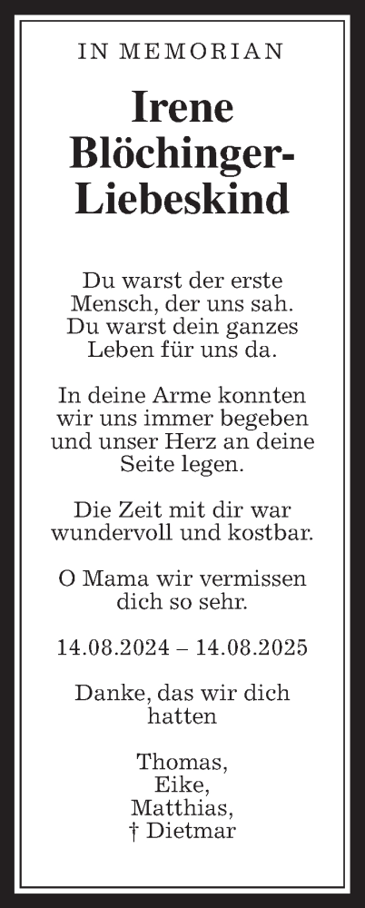 Traueranzeige von Irene Blöchinger-Liebeskind von Wetterauer Zeitung