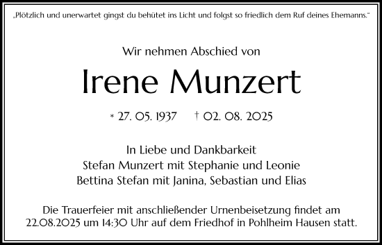 Traueranzeige von Irene Munzert von Giessener Anzeiger, Giessener Allgemeine, Alsfelder Allgemeine