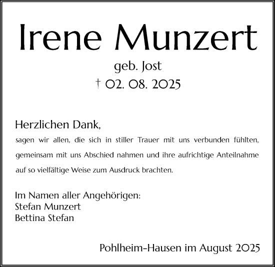 Traueranzeige von Irene Munzert von Giessener Allgemeine, Alsfelder Allgemeine, Giessener Anzeiger