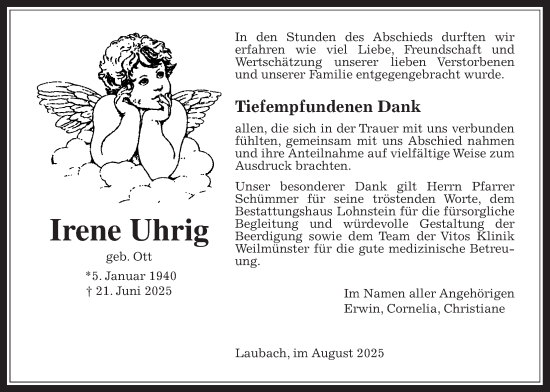 Traueranzeige von Irene Uhrig von Usinger Anzeiger, Usinger Anzeigenblatt
