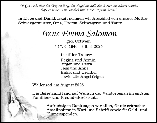 Traueranzeige von Irene Emma Salomon von Lauterbacher Anzeiger