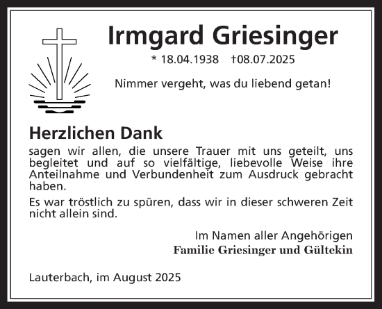 Traueranzeige von Irmgard Griesinger von Lauterbacher Anzeiger