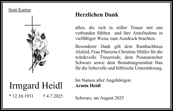 Traueranzeige von Irmgard Heidl von Oberhessische Zeitung