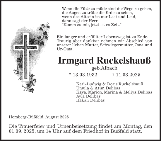 Traueranzeige von Irmgard Ruckelshauß von Oberhessische Zeitung, Alsfelder Allgemeine