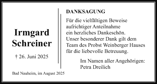 Traueranzeige von Irmgard Schreiner von Wetterauer Zeitung