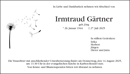 Traueranzeige von Irmtraud Gärtner von Bad Vilbel/Karben