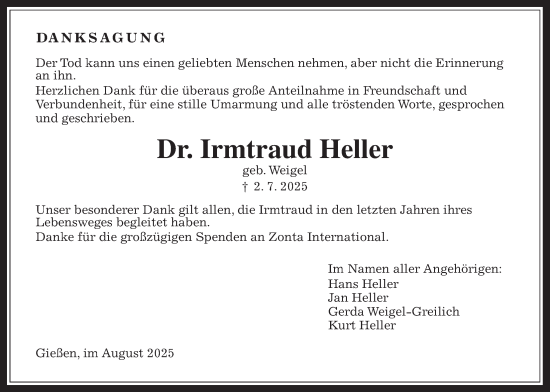 Traueranzeige von Irmtraud Heller von Giessener Anzeiger, Giessener Allgemeine, Alsfelder Allgemeine