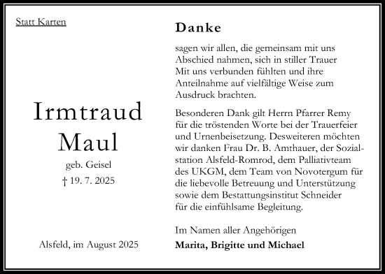 Traueranzeige von Irmtraud Maul von Oberhessische Zeitung