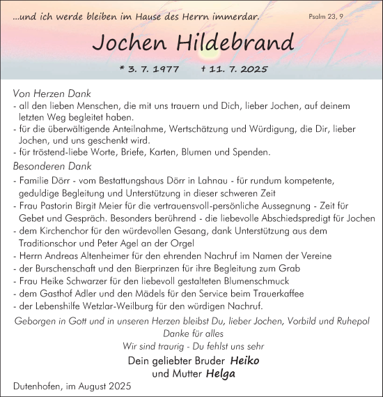 Traueranzeige von Jochen Hildebrand von Giessener Allgemeine, Alsfelder Allgemeine, Giessener Anzeiger