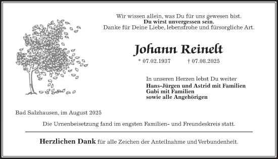 Traueranzeige von Johann Reinelt von Kreis-Anzeiger