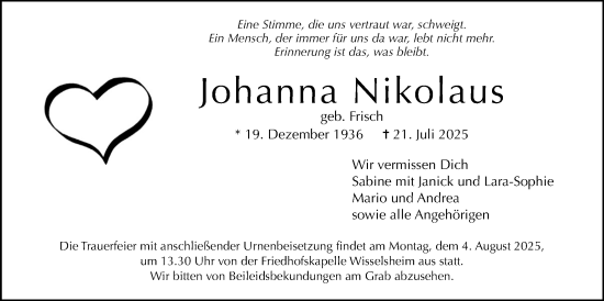 Traueranzeige von Johanna Nikolaus von Wetterauer Zeitung