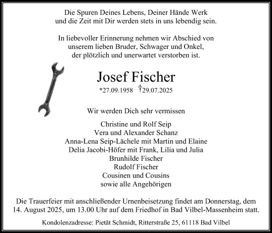 Traueranzeige von Josef Fischer von Bad Vilbel/Karben