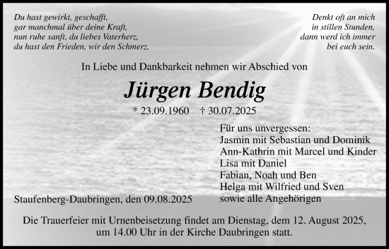 Traueranzeige von Jürgen Bendig von Giessener Allgemeine, Alsfelder Allgemeine