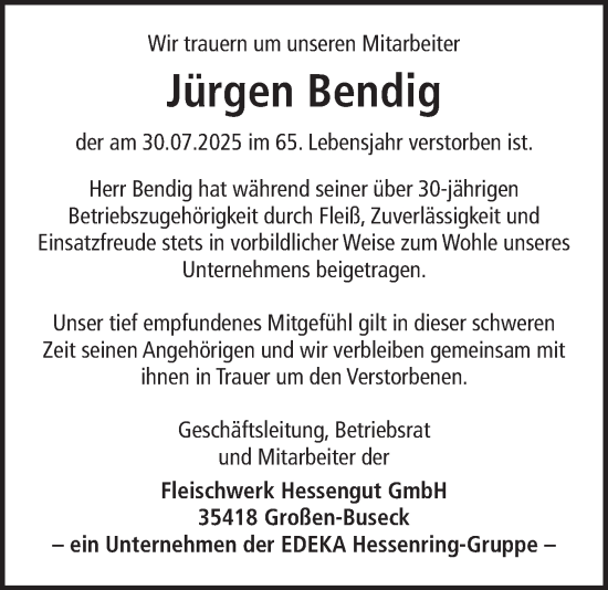 Traueranzeige von Jürgen Bendig von Giessener Allgemeine, Alsfelder Allgemeine