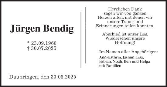 Traueranzeige von Jürgen Bendig von Giessener Allgemeine, Alsfelder Allgemeine, Giessener Anzeiger