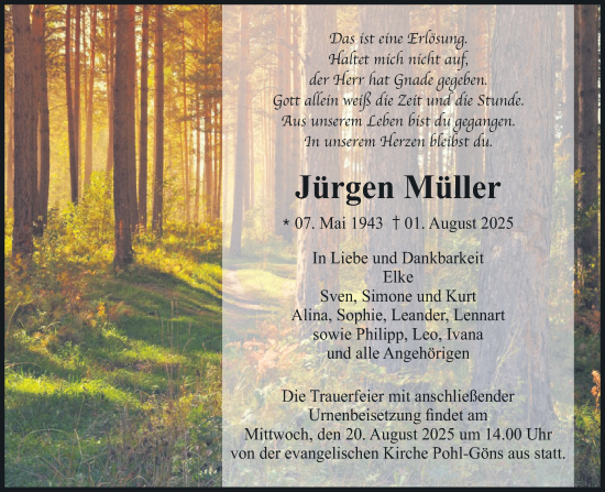 Traueranzeige von Jürgen Müller von Butzbacher Zeitung