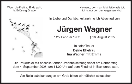 Traueranzeige von Jürgen Wagner von Kreis-Anzeiger
