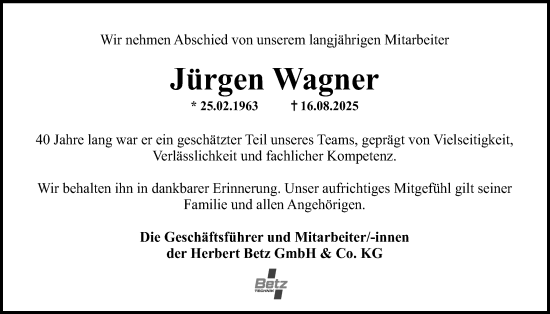 Traueranzeige von Jürgen Wagner von Kreis-Anzeiger