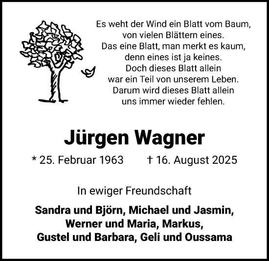 Traueranzeige von Jürgen Wagner von Kreis-Anzeiger