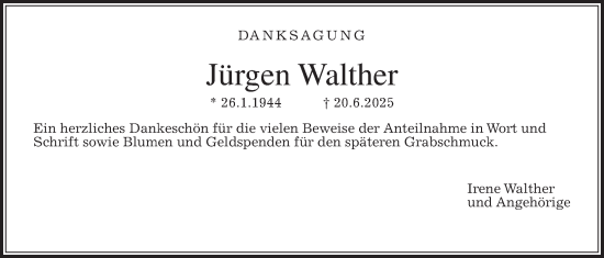 Traueranzeige von Jürgen Walther von Wetterauer Zeitung