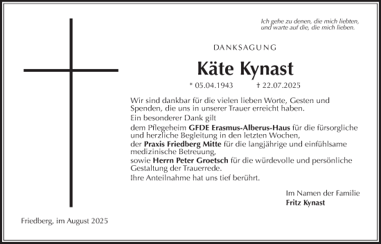 Traueranzeige von Käte Kynast von Wetterauer Zeitung