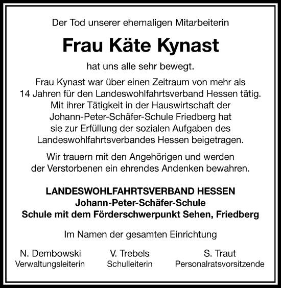Traueranzeige von Käte Kynast von Wetterauer Zeitung