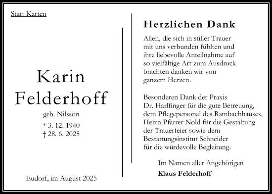Traueranzeige von Karin Felderhoff von Oberhessische Zeitung