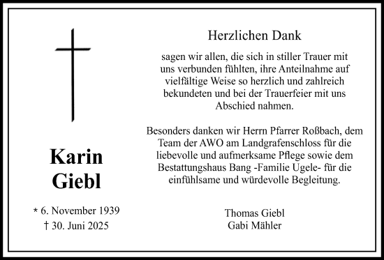 Traueranzeige von Karin Giebl von Butzbacher Zeitung
