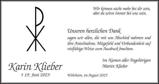 Traueranzeige von Karin Klieber von Usinger Anzeiger, Usinger Anzeigenblatt