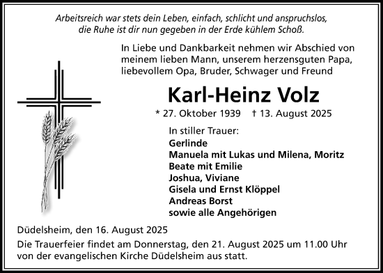 Traueranzeige von Karl-Heinz Volz von Kreis-Anzeiger