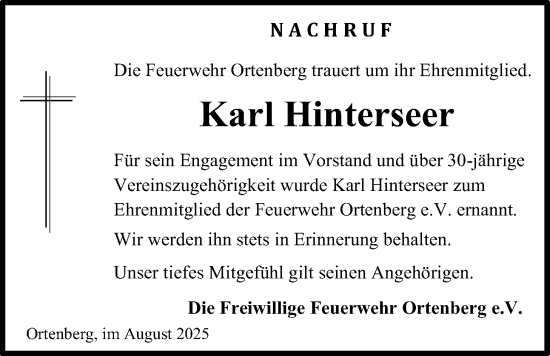 Traueranzeige von Karl Hinterseer von Kreis-Anzeiger