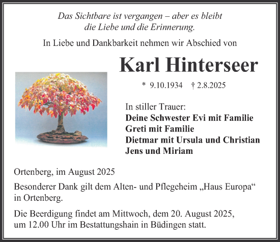 Traueranzeige von Karl Hinterseer von Kreis-Anzeiger