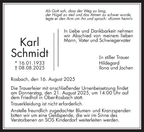 Traueranzeige von Karl Schmidt von Wetterauer Zeitung