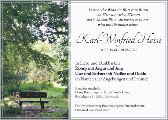 Traueranzeige von Karl-Winfried Hesse von Oberhessische Zeitung