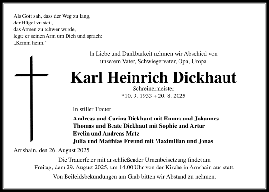 Traueranzeige von Karl Heinrich Dickhaut von Oberhessische Zeitung