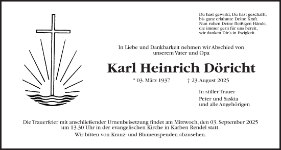 Traueranzeige von Karl Heinrich Döricht von Bad Vilbel/Karben