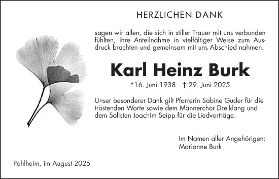 Traueranzeige von Karl Heinz Burk von Pohlheimer Nachrichten