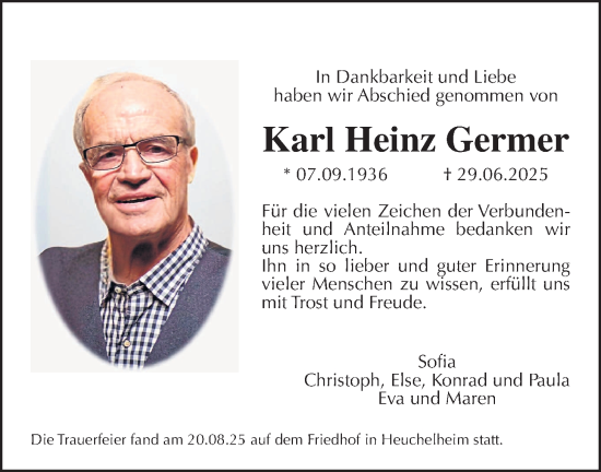 Traueranzeige von Karl Heinz Germer von Giessener Anzeiger, Giessener Allgemeine, Alsfelder Allgemeine