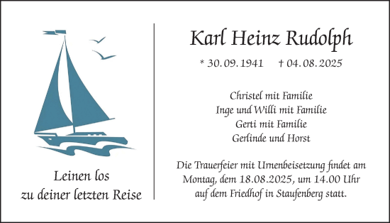 Traueranzeige von Karl Heinz Rudolph von Giessener Anzeiger, Giessener Allgemeine, Alsfelder Allgemeine