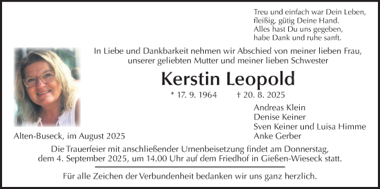 Traueranzeige von Kerstin Leopold von Giessener Allgemeine, Alsfelder Allgemeine, Giessener Anzeiger
