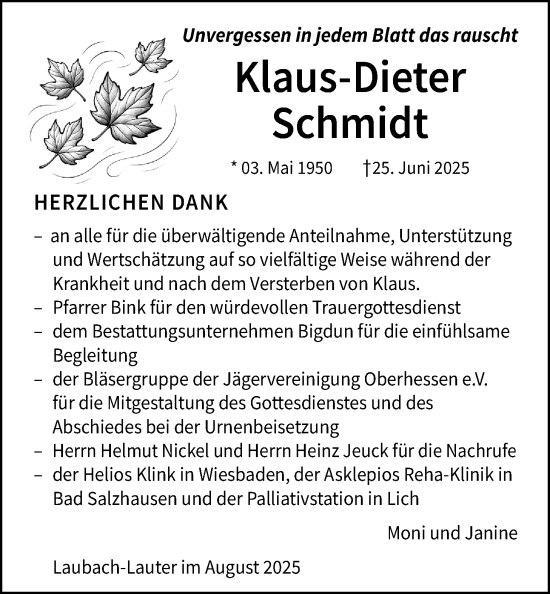 Traueranzeige von Klaus-Dieter Schmidt von Laubacher Anzeiger, Giessener Allgemeine, Alsfelder Allgemeine