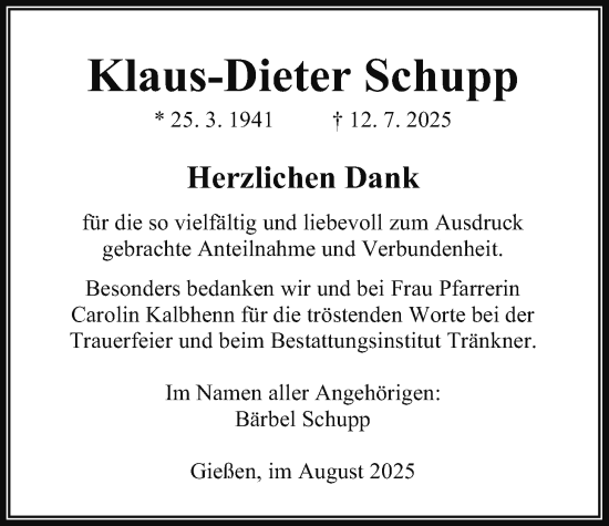 Traueranzeige von Klaus-Dieter Schupp von Giessener Allgemeine, Alsfelder Allgemeine