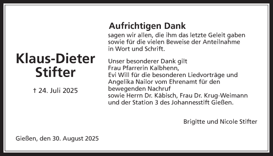 Traueranzeige von Klaus-Dieter Stifter von Giessener Allgemeine, Alsfelder Allgemeine, Giessener Anzeiger