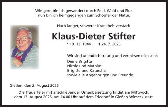 Traueranzeige von Klaus-Dieter Stifter von Giessener Allgemeine, Alsfelder Allgemeine, Giessener Anzeiger