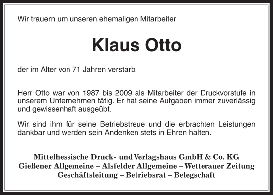 Traueranzeige von Klaus Otto von Giessener Allgemeine, Alsfelder Allgemeine